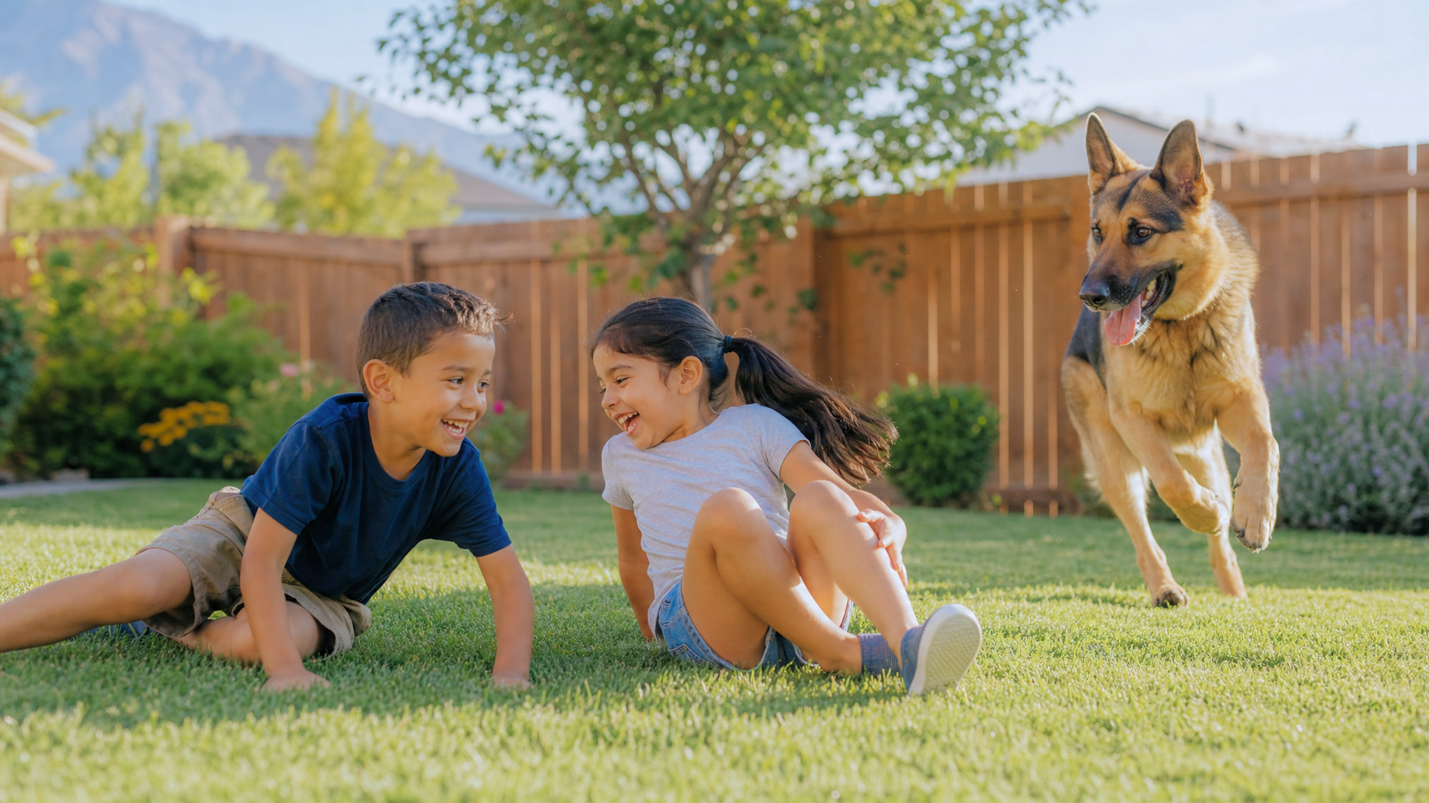 Kids and the family dog playing on the grass in a clean, sanitized backyard